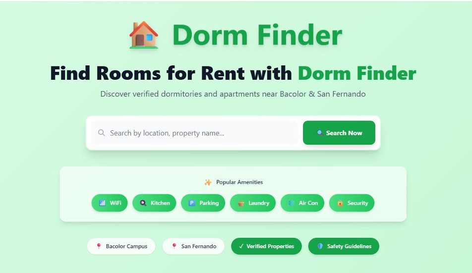 Dorm Finder landing page showing search interface and amenity filters