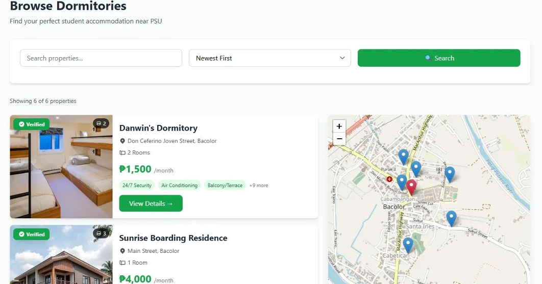 Browse dormitories page with listings and interactive map